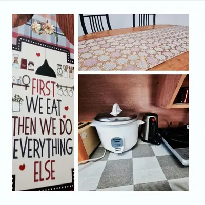 a collage of three pictures of a kitchen and a table at HomeStay with Serene Surrounding in Nibung Tebal