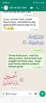 a screenshot of a text message on a cell phone at HOMESTAY IMPIAN, BATU GAJAH PERAK in Kampong Paya Rengas