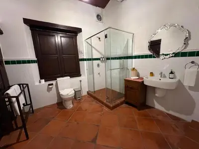 a bathroom with a shower and a toilet and a sink at East Indies Mansion in George Town