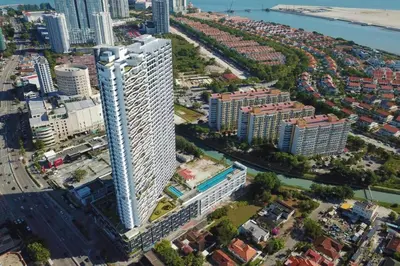 an aerial view of a tall building in a city at Deluxe Seaview Suite Twin Bed by The Only Bnb in Tanjong Tokong