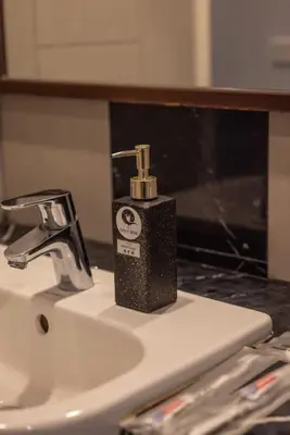 a soap dispenser sitting on top of a bathroom sink at Family Seaview Suite with 3 Rooms by The Only Bnb in Tanjong Tokong