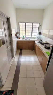 a large white kitchen with a sink and a tub at JackBeansprouts Homestay Botani Ipoh in Ipoh