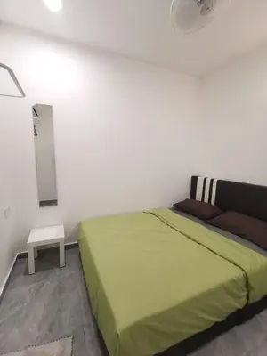 a bedroom with a green bed and a white wall at Wellson Home Ipoh 58 10px \u5168\u65b0\u94fe\u63a5\u5f0f\u6c11\u5bbf\u6709\u4e24\u95f4 in Ipoh
