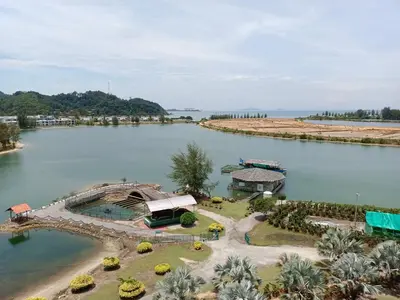an aerial view of a large body of water at Glossy Marina Homestays in Lumut