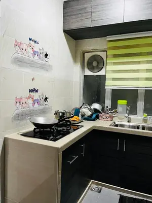 a kitchen with a stove and a sink with pigs on the wall at SA @ Cameron Emerald Avenue in Brinchang