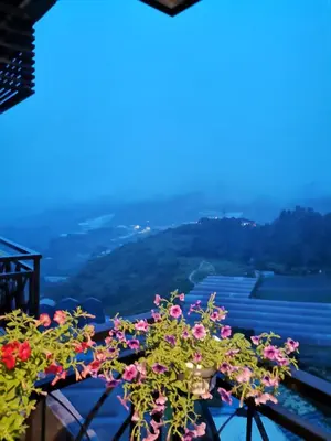 a bunch of flowers on a balcony with a view at Dzulstudio(Muslim) Nova Highland in Brinchang