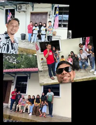 a collage of photos of people in front of a house at Homestay D'Art Container in Balik Pulau