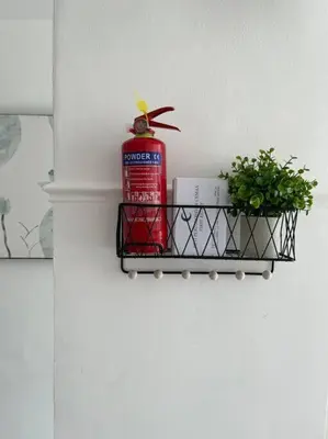 a shelf on a wall with a fire extinguisher and plants at Tanjung Bungah PEARL HILL42 Homestay in Tanjung Bungah
