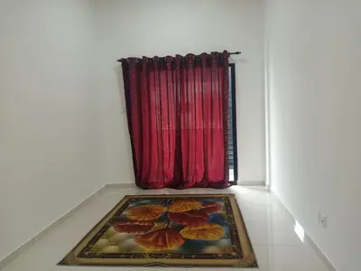 a window with a red curtain in a room at Pangkor L29, Dream Island Homestay in Kampong Sungai Udang