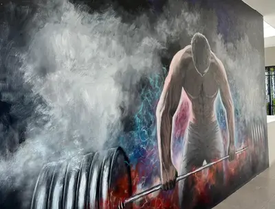 a painting of a man standing on a radiator at Georgetown#Beacon Executive Suite SkyPool#Luxury&Glamorous Suite#2BR#Living Room with Queen Bed in George Town