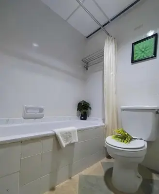 a bathroom with a toilet and a tub with a television at Seaview Deluxe Rainbow Paradise Tg Bungah 8pax in Tanjung Bungah