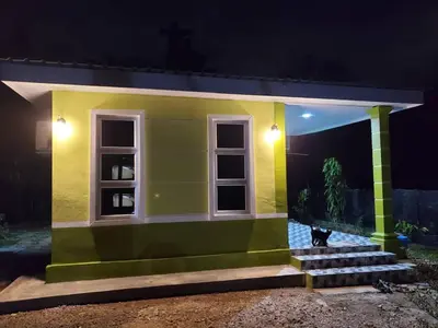 a cat sitting in front of a house at night at Inap Desa 3 in Kampong Siput