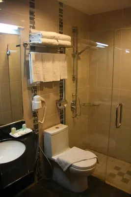 a bathroom with a shower and a toilet and a sink at Ritz Garden Hotel Manjung in Lumut