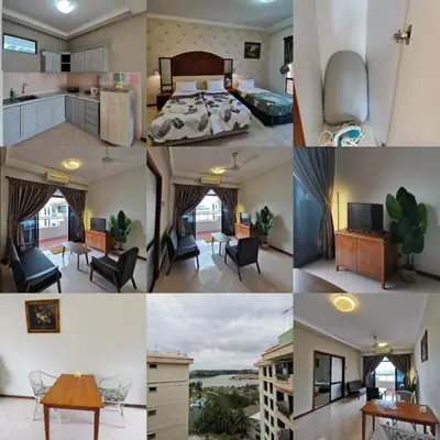a collage of photos of a hotel room at My Getaway Home @Marina Cove in Lumut