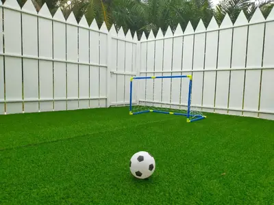 a soccer ball on the grass next to a goal at Villa Auliyya - MusleemHomestay in Kampong Sungai Leman