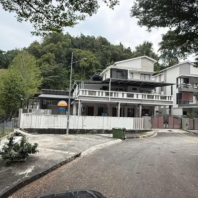 a large white house with a fence in front of it at 15PAX 3 BR, Kids Swimming Pool, Pool table, BBQ near Spice ARENA, Airport Penang in Bayan Lepas