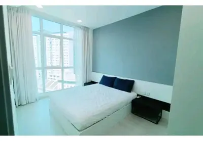 a bedroom with a bed and a large window at City Town 2-6 Pax Beautiful View Cozy Condo, Jelutong, Georgetown, Centre Heart Of Penang Island, near Highway Komtar Gurney in George Town