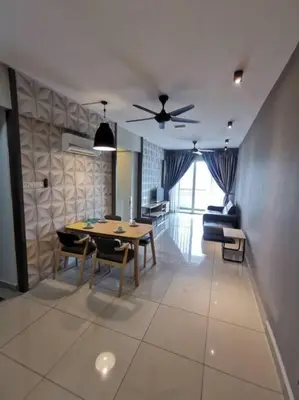 a living room with a table and a ceiling fan at The Majestic Ipoh Town by 178homestay in Ipoh