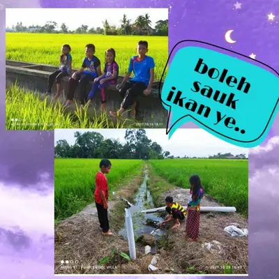a collage of pictures of a group of children in a field at Purple Pool Villa in Kampong Batu Dua Puloh Tiga