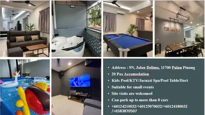 a collage of pictures of a living room with a pool table at GEORGETOWN 18Px 5R4B V KTV & JACCUZI SPA & POOL TABLE NEAR USM & LAM WAH EE HOSPITAL & HAN CHIANG HIGH SCHOOL - kids pool no more in Gelugor