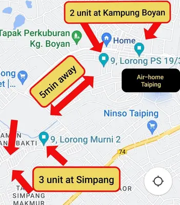 a map of kampungbuoyatown with a map of kampung at Air-home No 9 Kampung Boyan, 4BR, 9pax, Netflix in Taiping