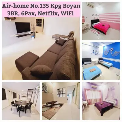 a collage of four pictures of a living room at Air-home No 9 Kampung Boyan, 4BR, 9pax, Netflix in Taiping