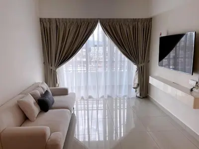 a living room with a couch and a large window at One Majestic Ipoh - 3 Bedroom Apt For Family of 5 in Ipoh