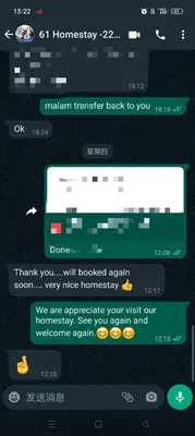 a screenshot of a cell phone with a text message at 61 Homestay in Sitiawan