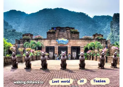 a group of statues in front of a building at JOMSTAY Sunway Onsen Suites Ipoh - Lost World of Tambun Ipoh Waterpark in Tambun