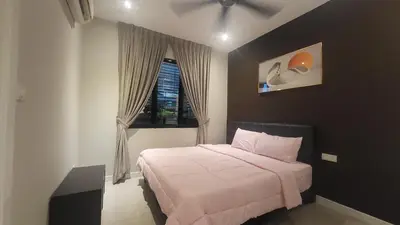 a bedroom with a large bed and a window at Fairy Retreat Private Pool Cottage IPOH, BBQ, KTV, 10-12 pax in Ipoh