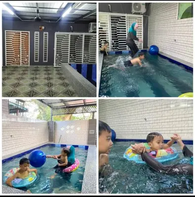 four pictures of a child playing in a swimming pool at Homestay Idaman Private Pool Mslim in Kuala Kangsar