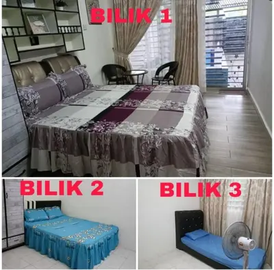three pictures of a bedroom with a bed and a chair at Homestay Idaman Private Pool Mslim in Kuala Kangsar