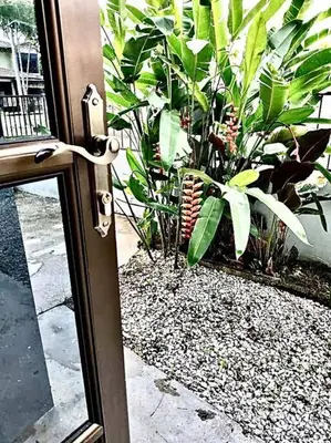 a sliding glass door with a view of a plant at SUPER COMFY HOME @ KULIM CITY in Kulim