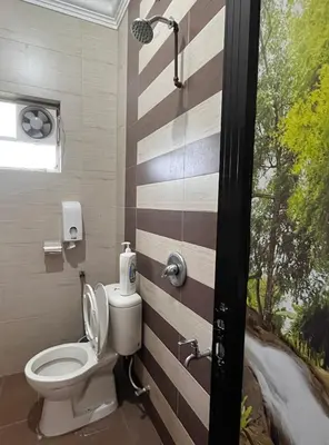 a bathroom with a toilet and a striped wall at Cameron Crown Imperial Court @ Brinchang in Brinchang