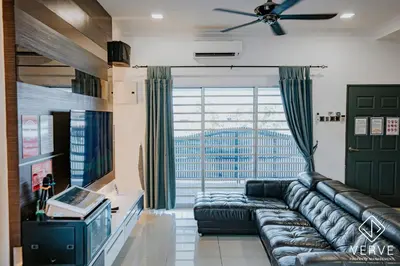 a living room with a leather couch and a large window at Ipoh 27 Private Pool Villa By Verve EECH118 in Ipoh