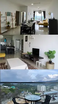 two pictures of a living room and a dining room at Ammara homestay @ Palas Horizon kea Farm in Brinchang