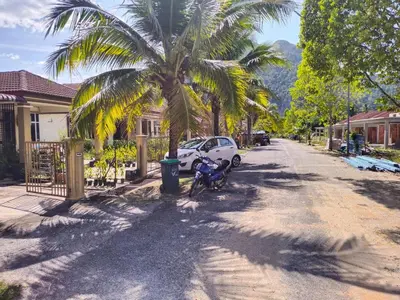a palm tree and a motorcycle parked on the side of a street at Permai Homestay in Baling