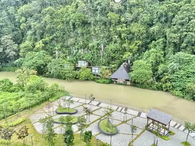 an aerial view of a house in the middle of a river at Onsen Suits HJM @ Sunway Ipoh in Ipoh