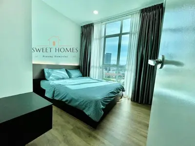 a bedroom with a bed and a large window at HolidayCozy StraitsGardenSuite Penang#6pax#family in George Town