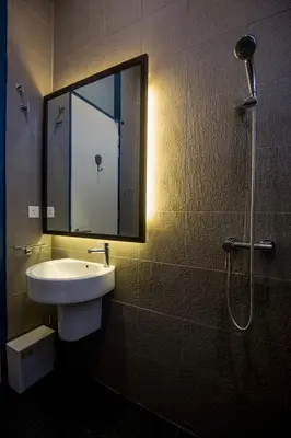 a bathroom with a sink and a shower with a mirror at Carrot Seed in Ipoh