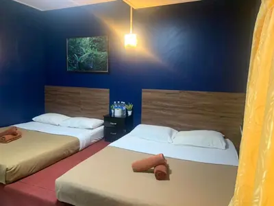 a bedroom with two beds and a blue wall at Vintage Guesthouse in Tanah Rata