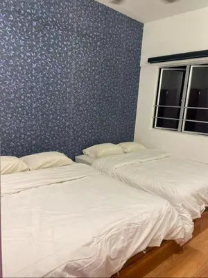 two beds in a bedroom with a blue wall at Cameron Homestay Adik Aisyah Purple Romance for Islam in Tanah Rata