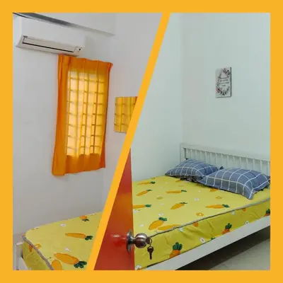 two pictures of a bedroom with a bed and a window at Homestay Lumut Perak 2026 in Lumut