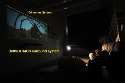a dark room with a tv in the dark at Private 100 inches Screen Cinema at CEO Penang in Bayan Lepas