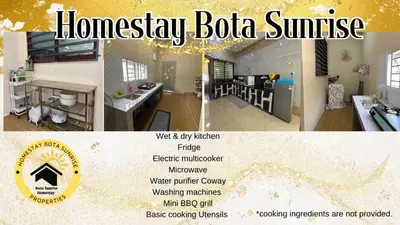 a collage of pictures of a homeasy boa sunset at Homestay Bota Sunrise in Kampung Bota Kiri