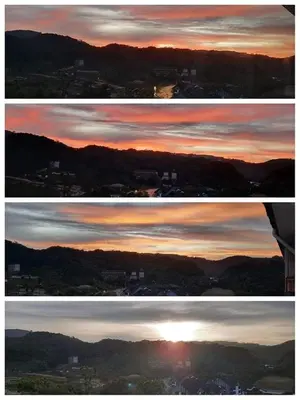 two pictures of a sunset with the sun in the sky at Aufa Homestay at Emerald Avenue Brinchang in Brinchang