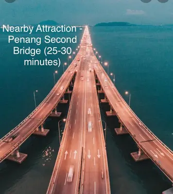 a rendering of a bridge with the words nearby attraction spanning second bridge at Cozy255#4pax#Wifi#NearAeonAlma#5kmtoIconCity in Bukit Mertajam