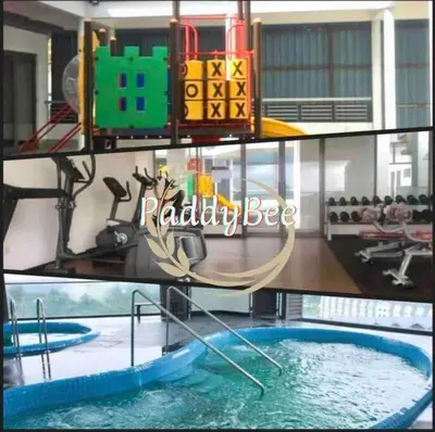 a collage of pictures of a pool with a playground at Paddy Bee in Brinchang