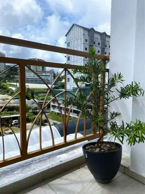 a potted plant on a balcony with a view of a city at Muji Homestay @ The Retreat, Cameron Highlands in Cameron Highlands