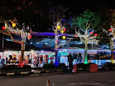 a christmas display in front of a building with lights at zarraz homestay The Retreat Nova Kea Farm Brinchang in Brinchang